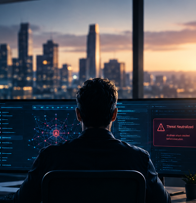 A security analyst at a two-monitor desk at dusk, a city skyline through the window behind them.