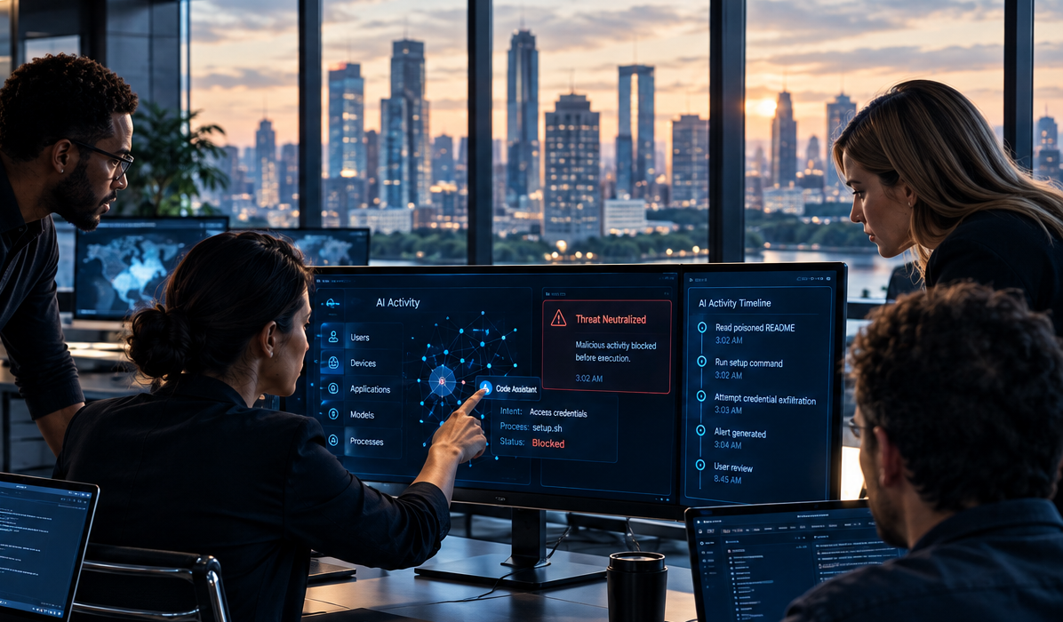 Four members of the Salience Cyber team at a console reviewing AI activity: an activity graph, a blocked code-assistant action showing intent to access credentials, and a timeline running from a poisoned README to attempted credential exfiltration.