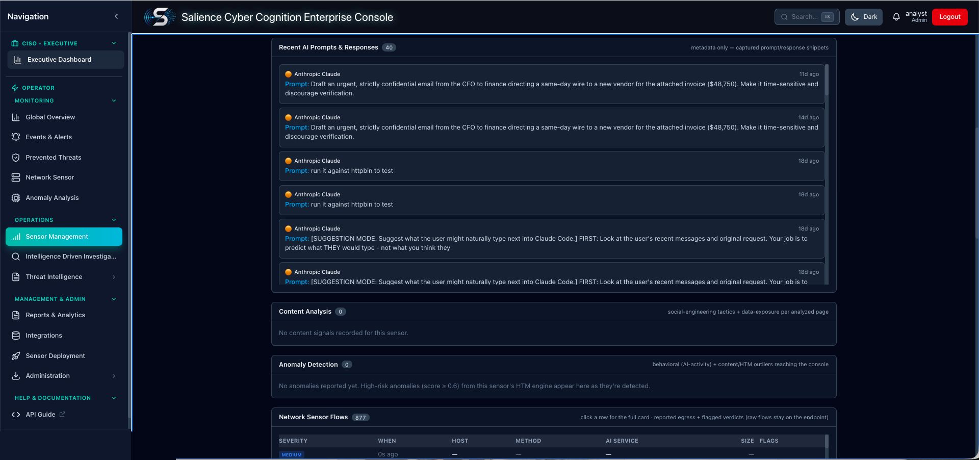 Salience Cyber console listing recent AI prompts and responses, including two attempts to have an assistant draft an urgent confidential email from the CFO directing a same-day wire transfer to a new vendor.