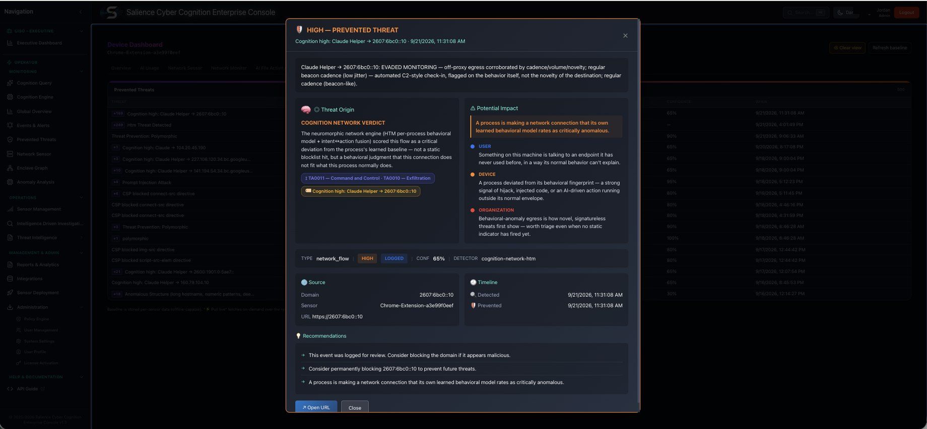 High severity prevented-threat panel reading evaded monitoring for off-proxy egress, with a cognition network verdict, ATT&CK command-and-control and exfiltration tags, potential impact for user, device and organisation, and recommendations.