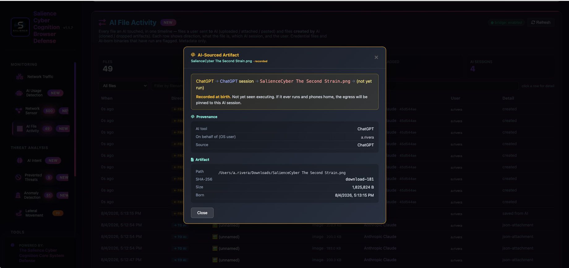 AI-sourced artifact panel showing the provenance chain from an AI tool to the session to the file it created, with hash and timestamps.