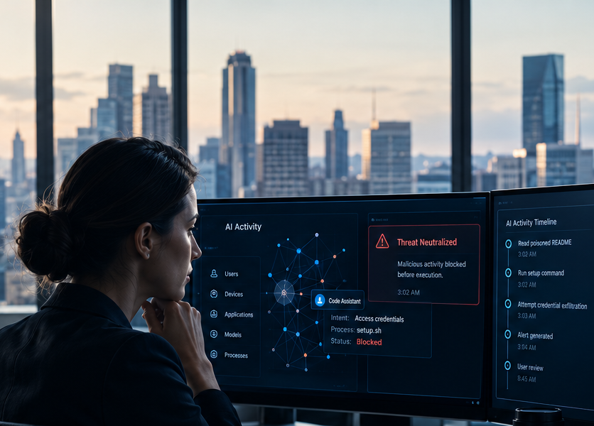 A security analyst reviewing an AI activity console at dusk: an activity graph, a blocked code-assistant action showing intent to access credentials, and a timeline running from a poisoned README to credential exfiltration.